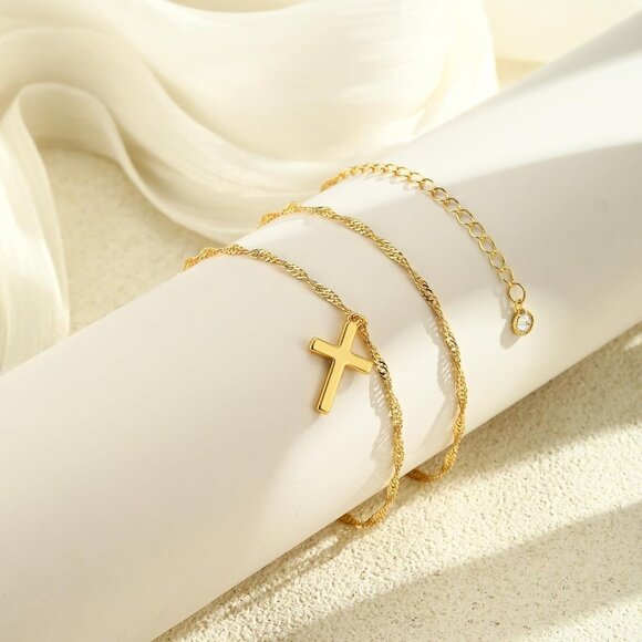 Women's 1-Gold 14k Gold Plated Cross Choker Minimalist Simple Dainty Necklaces - Picture 6 of 7